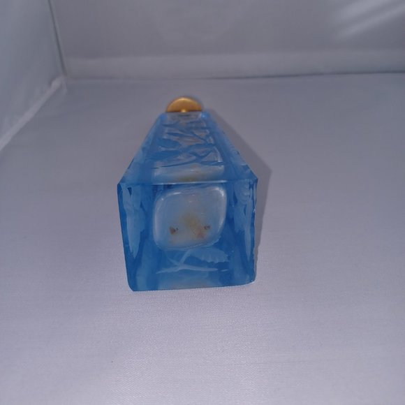 Antique Blue Floral Etched Perfume Spritzer Bottle - Pyramid-like -cat-eye - Picture 7 of 13